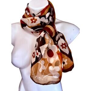 Vintage Vera Neumann 1970s Silk Scarf Mod Daisy Brown Rust 12x62